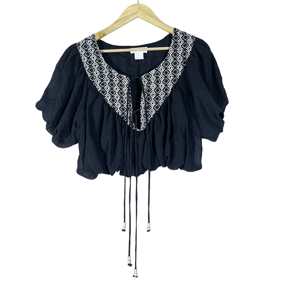 Life Embroidered Geometric Peasant Crop Top Black Boho Puff Sleeve Size L